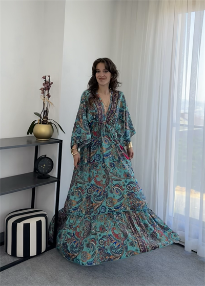 Uzun Şal Desenli Ayarlanabilir İpek Elbise