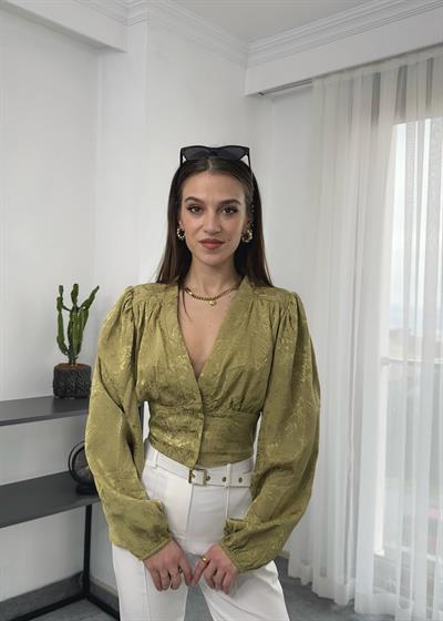 V Yaka Uzun Kol Altı Düğmeli Desenli Yağ Yeşili Bluz 