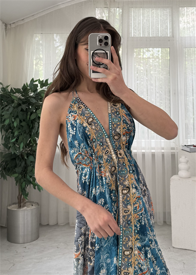 Valeria İthal Etnik Desen Sırt Dekolteli Gri Nakış Detaylı İpek Elbise 