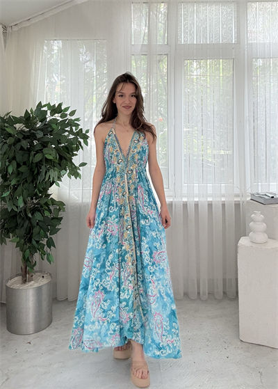 Valeria İthal Etnik Desen Sırt Dekolteli Turkuaz Nakış Detaylı İpek Elbise 