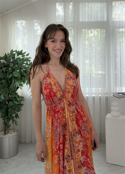 Valeria İthal Etnik Desen Sırt Dekolteli Turuncu Nakış Detaylı İpek Elbise 