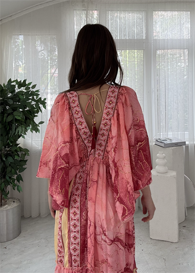 Vanessa Etnik Desen Pembe Yarım Kol İpek Elbise 