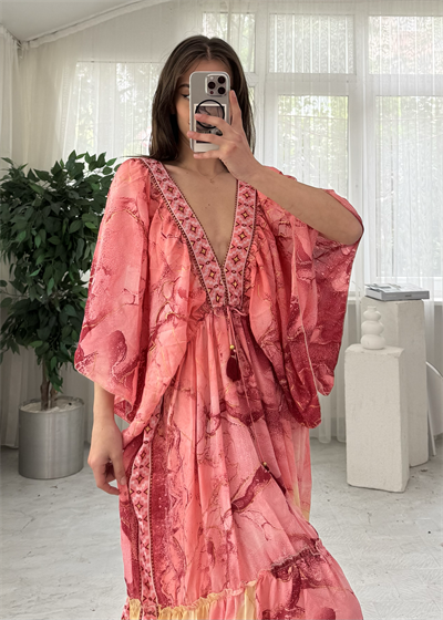 Vanessa Etnik Desen Pembe Yarım Kol İpek Elbise 