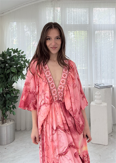 Vanessa Etnik Desen Pembe Yarım Kol İpek Elbise 