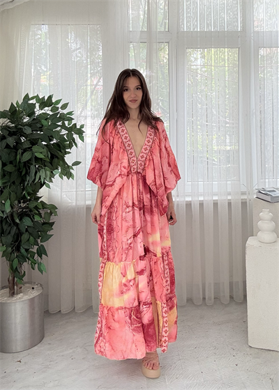 Vanessa Etnik Desen Pembe Yarım Kol İpek Elbise 