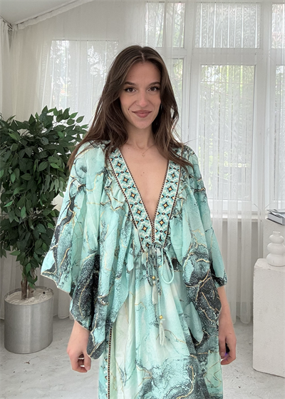 Vanessa Etnik Desen Turkuaz Yarım Kol İpek Elbise 