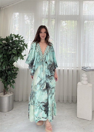 Vanessa Etnik Desen Turkuaz Yarım Kol İpek Elbise 