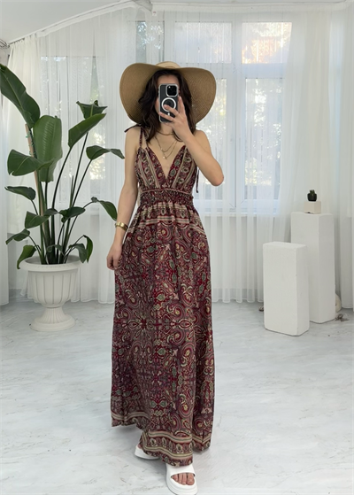 Viole Bordo Etnik Desenli Sırt Dekolteli İpek Elbise 