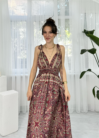 Viole Bordo Etnik Desenli Sırt Dekolteli İpek Elbise 