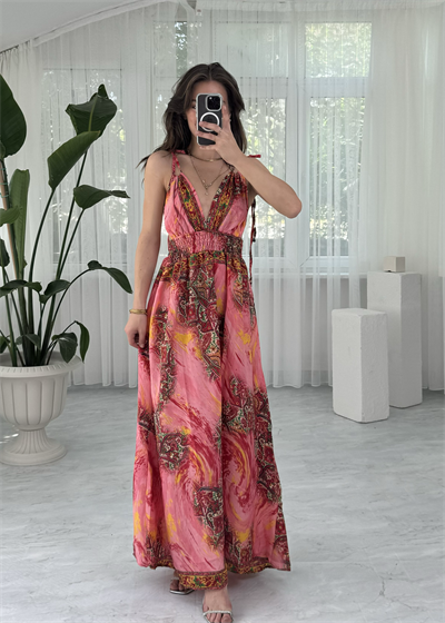 Viole Pembe Etnik Desenli Sırt Dekolteli İpek Elbise 