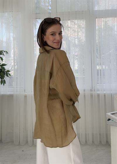 Voly Haki İpeksi Oversize Gömlek 