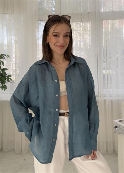 Voly Petrol Mavisi İpeksi Oversize Gömlek 