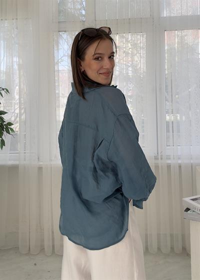 Voly Petrol Mavisi İpeksi Oversize Gömlek 