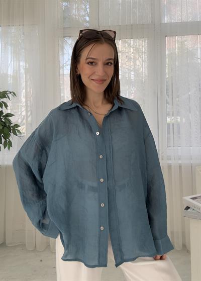 Voly Petrol Mavisi İpeksi Oversize Gömlek 