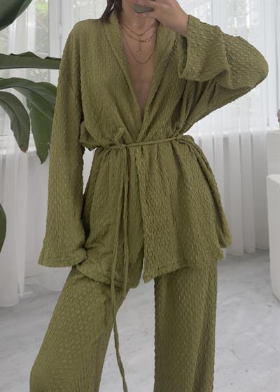 Yumi Yağa Yeşili Örme Kimono Takım