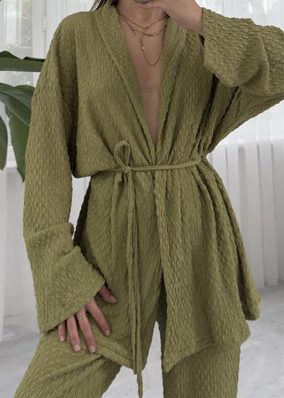 Yumi Yağa Yeşili Örme Kimono Takım