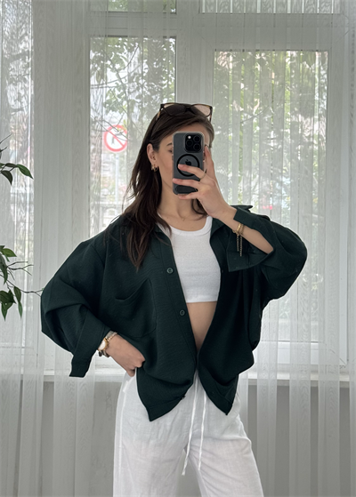 Zümrüt İthal Ayrobin Tek Cepli Oversize Gömlek