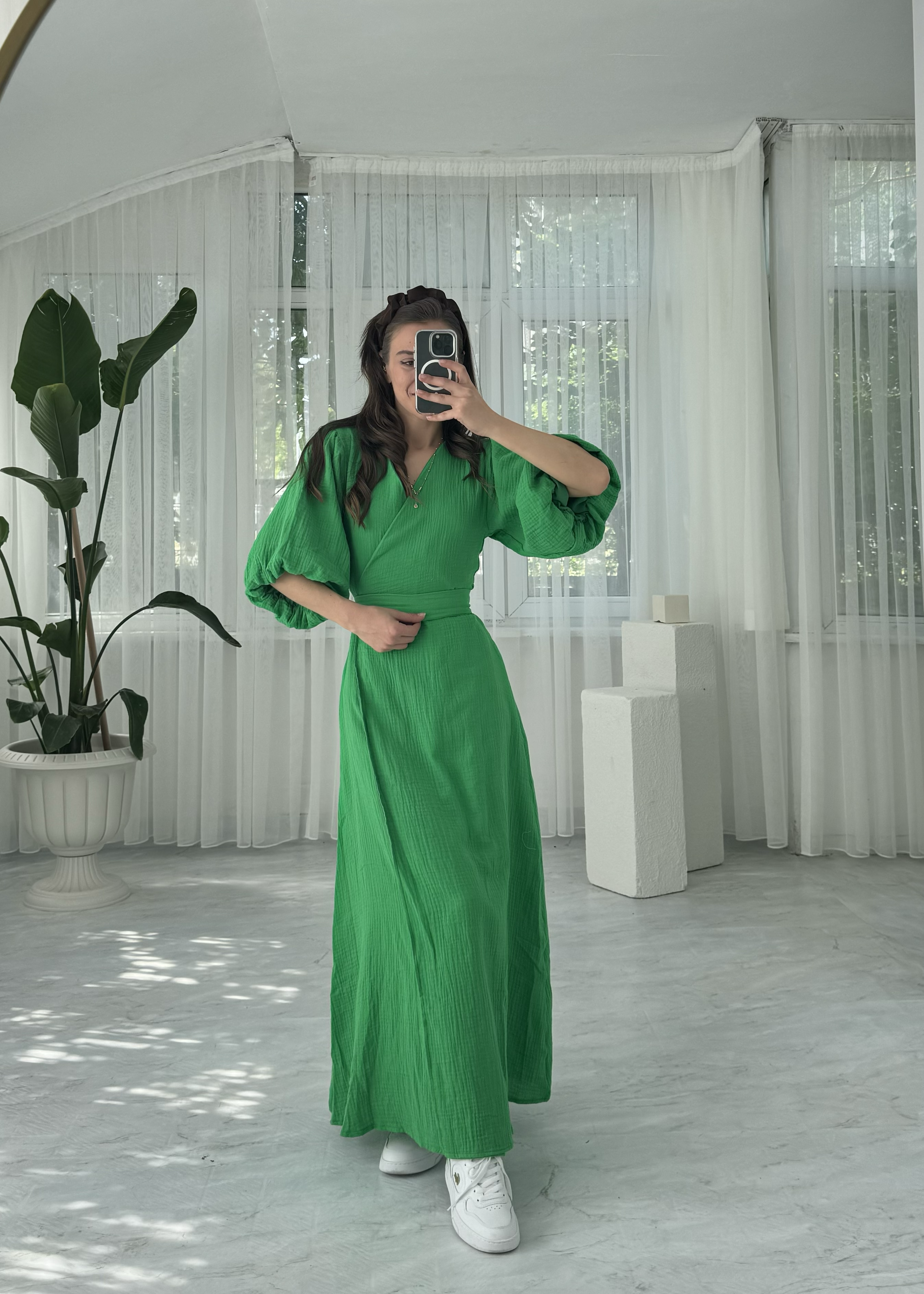 Müslin Kuşaklı Yeşil Elbise