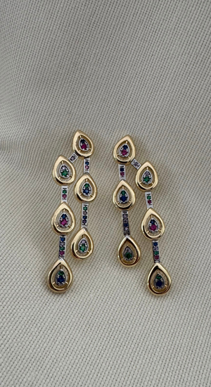 Melis G. Modeli Renkli Taşlı Çift Sıralı Küpe