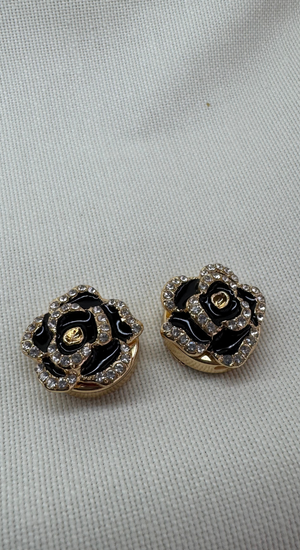Taşlı Çiçek Siyah Cufflink (Düğme Broşu)