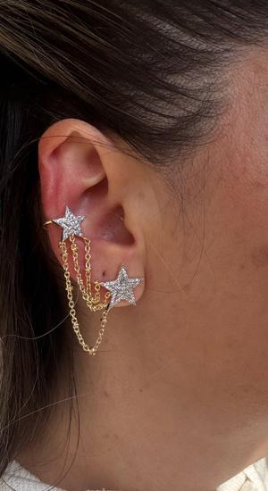 Zincir Sallantılı Yıldız Taşlı Küpe Earcuff 