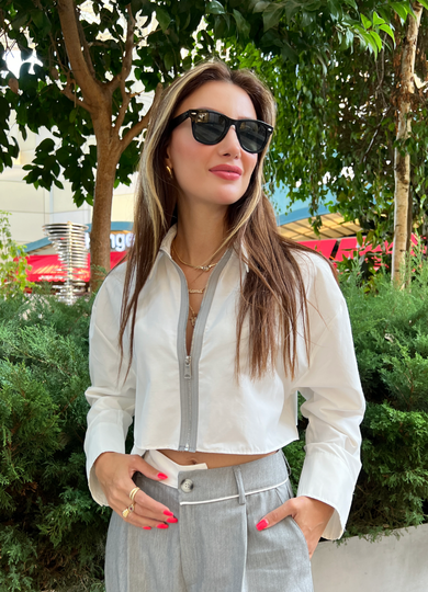 Beyaz Gri Şeritli Gömlek