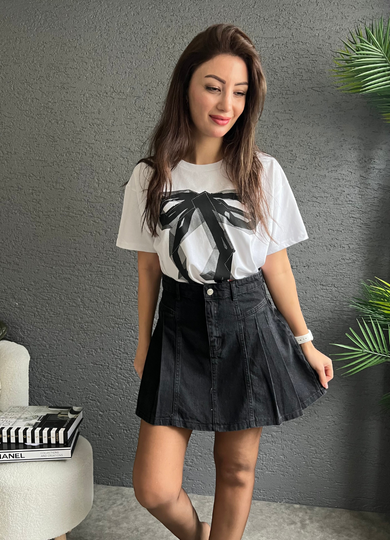 Yandan Pileli Antrasit Denim Etek