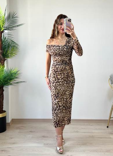 Leopar Desen Tül Drapeli Elbise