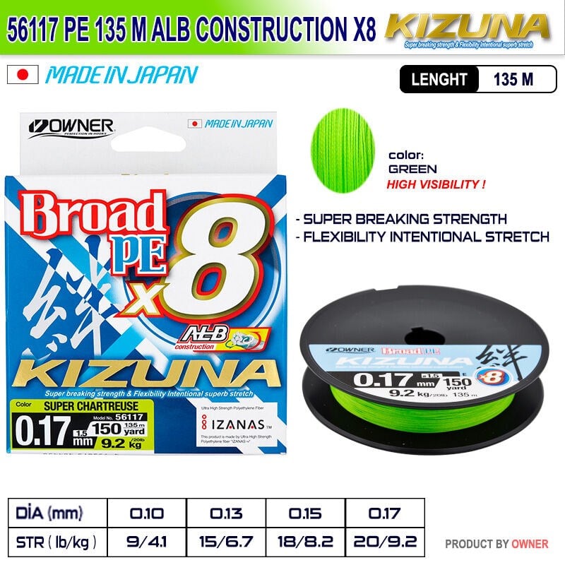 Owner Kizuna X8 56117 135m x8 Super Chartreuse Japon İp Misina