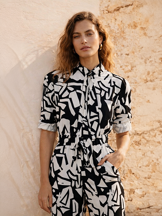 Desenli Siyah Beyaz Tulum