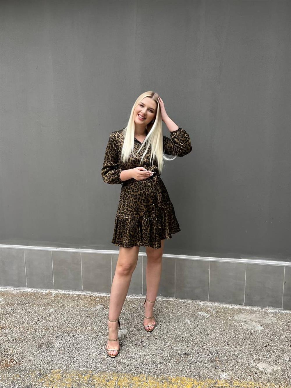 Leopar Desenli Saten Elbise