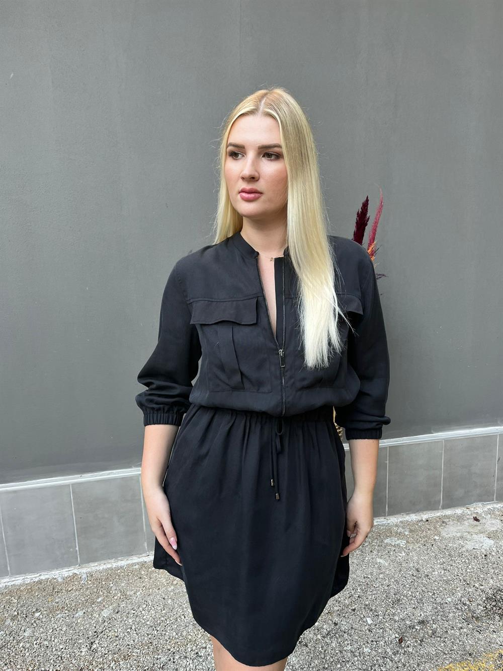 Önden Fermuarlı Belden Lastikli Cep Detaylı Antrasit Elbise