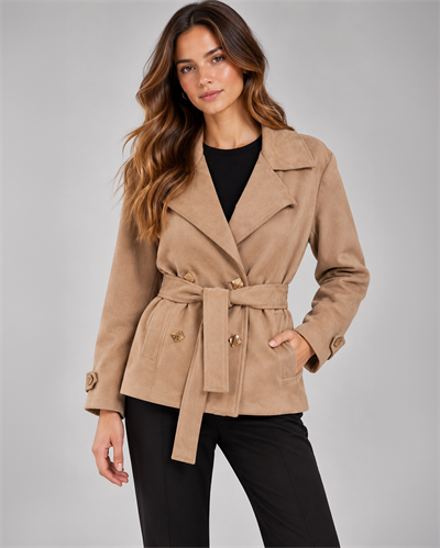 Düğme Detaylı Nubuk Camel Ceket