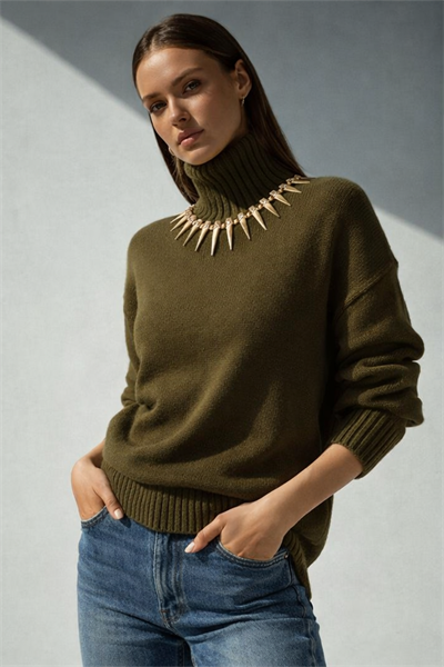 Haki Yeşil Dik Yaka Çıkarılabilir Süs Detaylı Triko Kazak