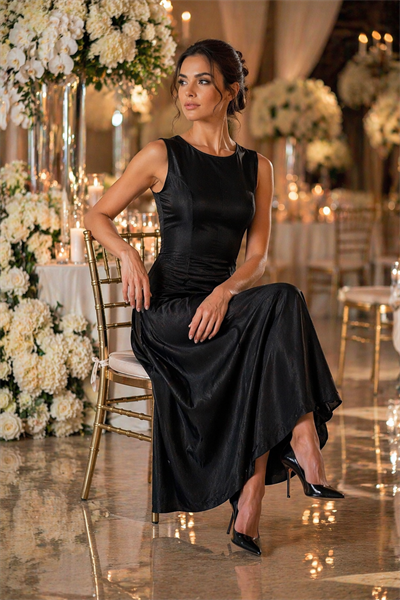 Verev Dikişli Maxi Boy Saten Elbise