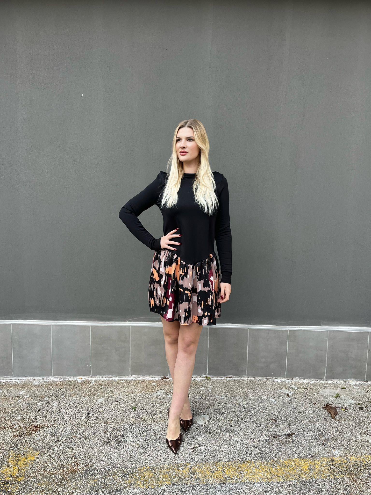  Karışık Desen Saten Etekli Sweat Elbise