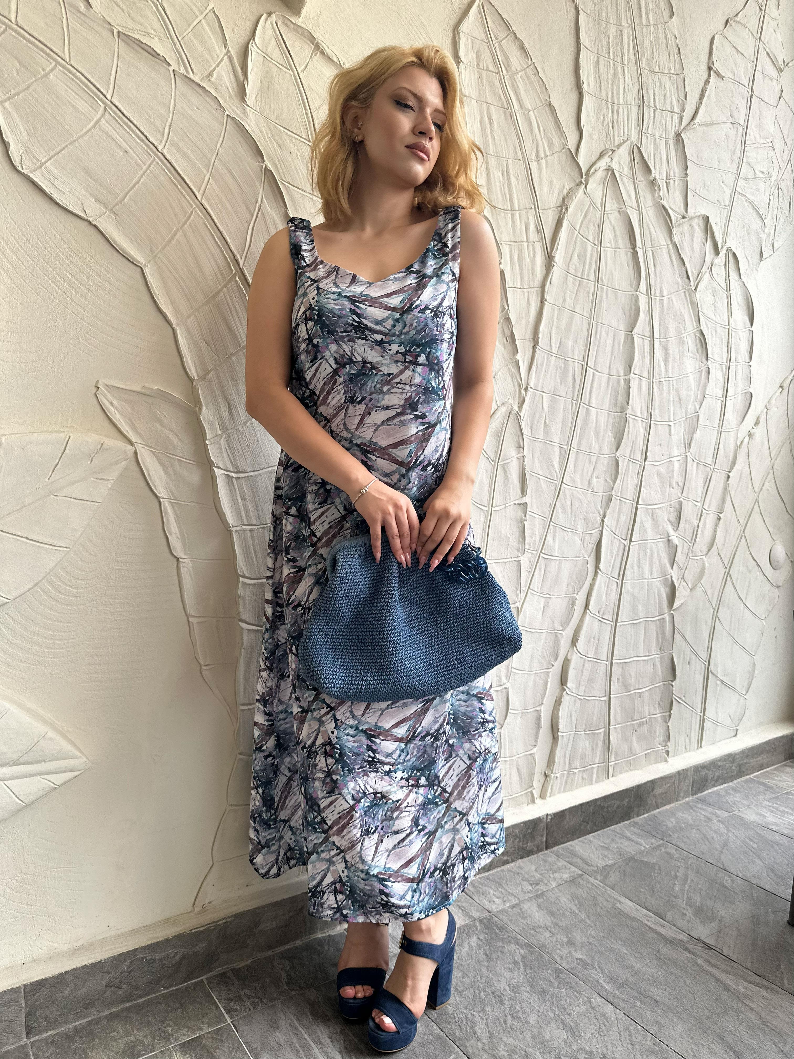 Askısı Büzgülü Desenli Maxi Boy Krep Elbise