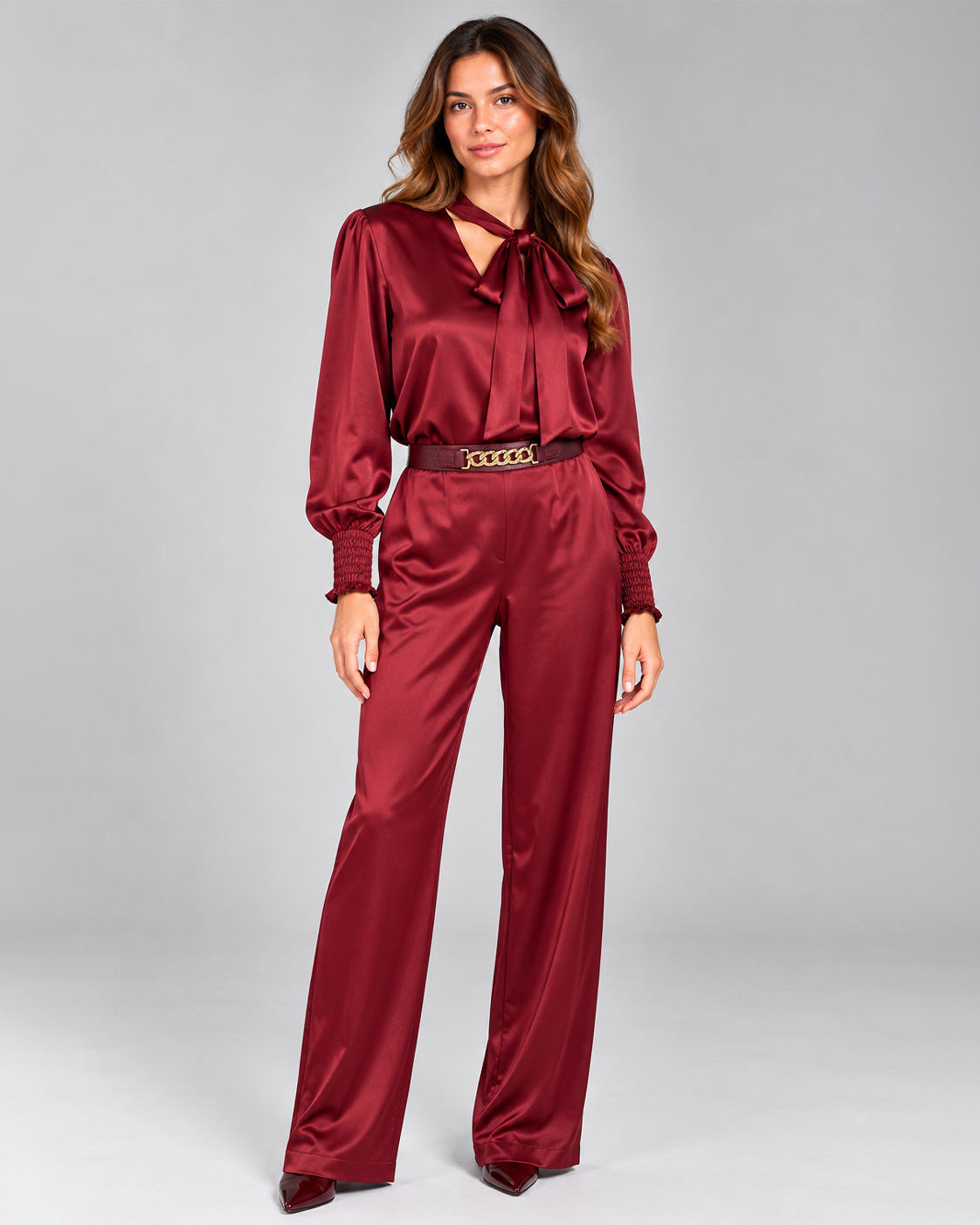 Bordo Saten Beli Yarım Lastikli Pantalon