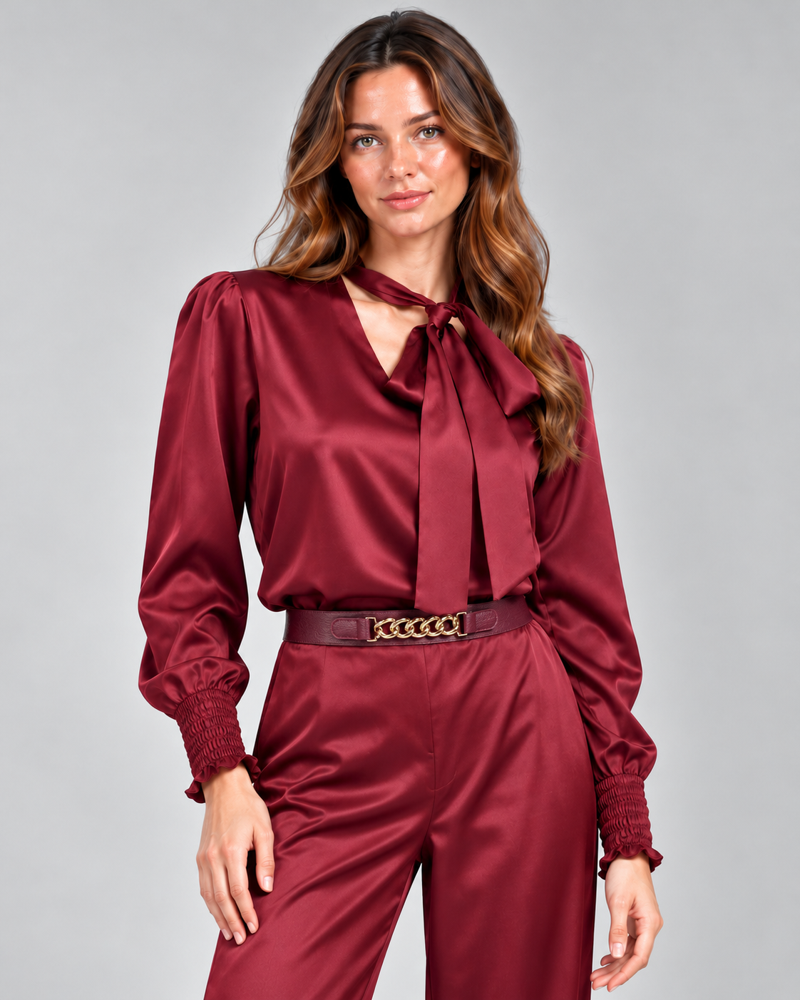 Bordo V Yaka Fularlı Saten Bluz