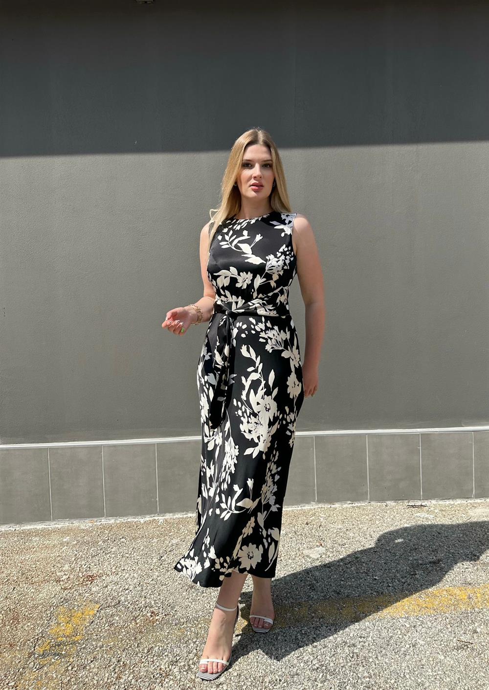 Çiçek Desenli Maxi Boy Saten Elbise