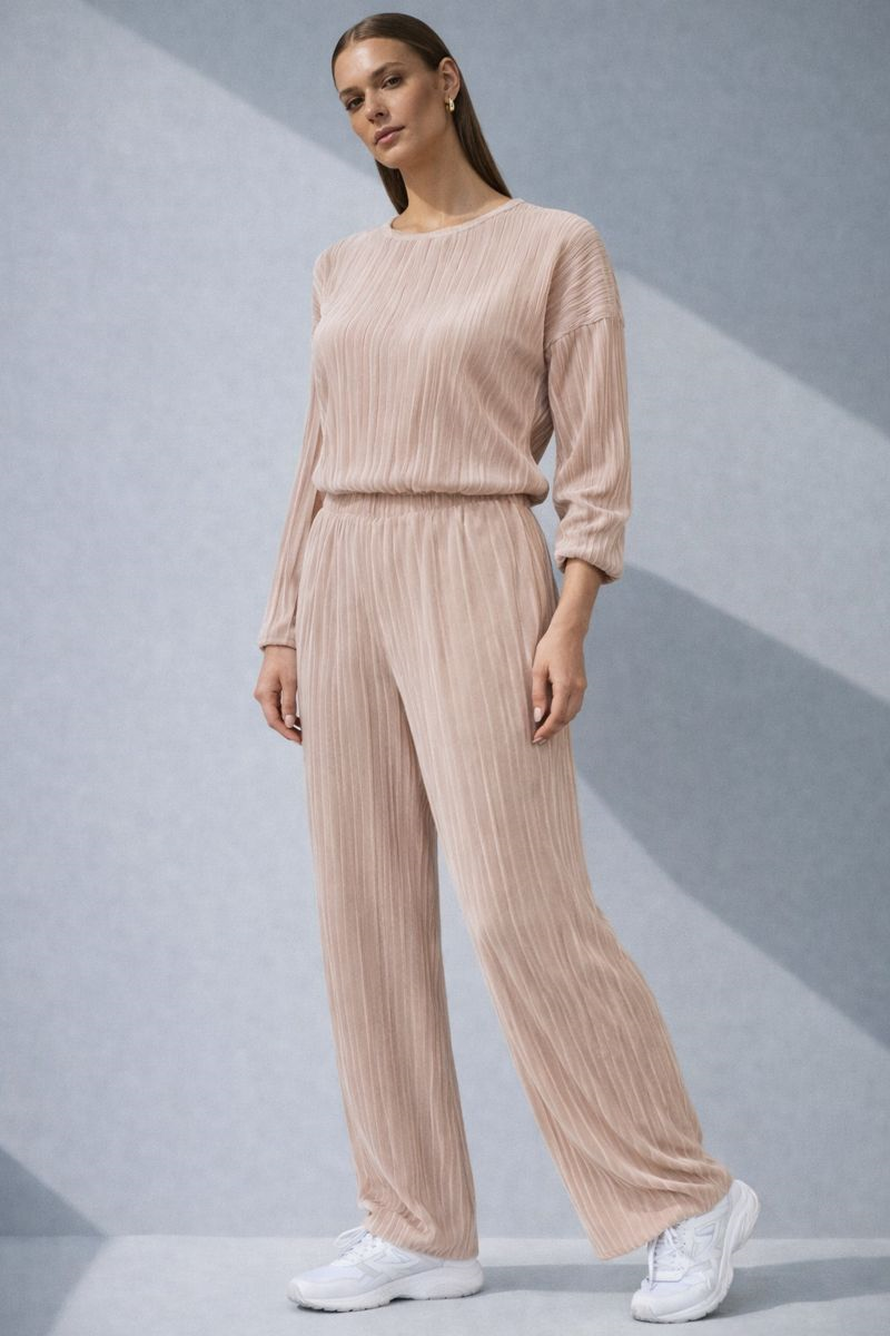 Dekot Piliseli Pantalon Bluz Pudra Takım