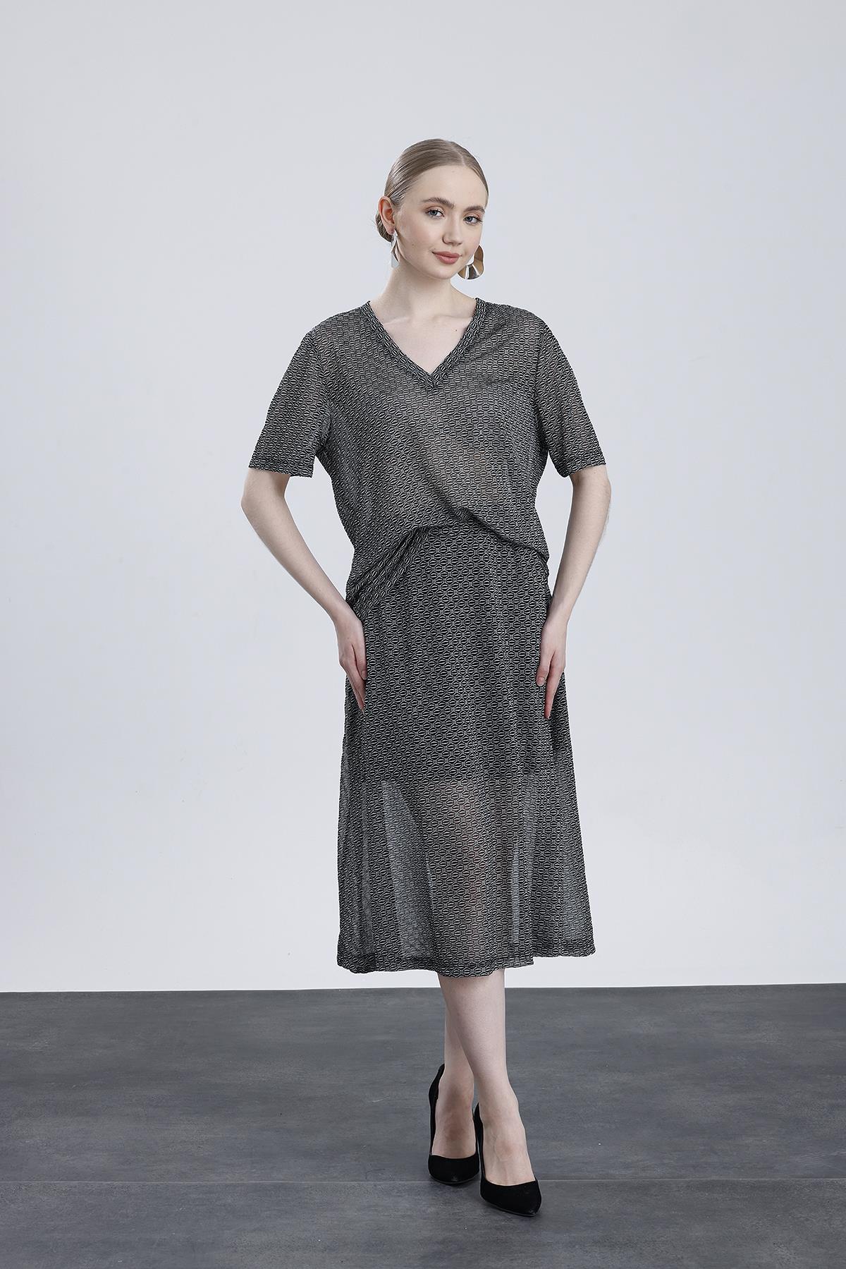 Desenli örme kumaş 2li etek bluz takım 