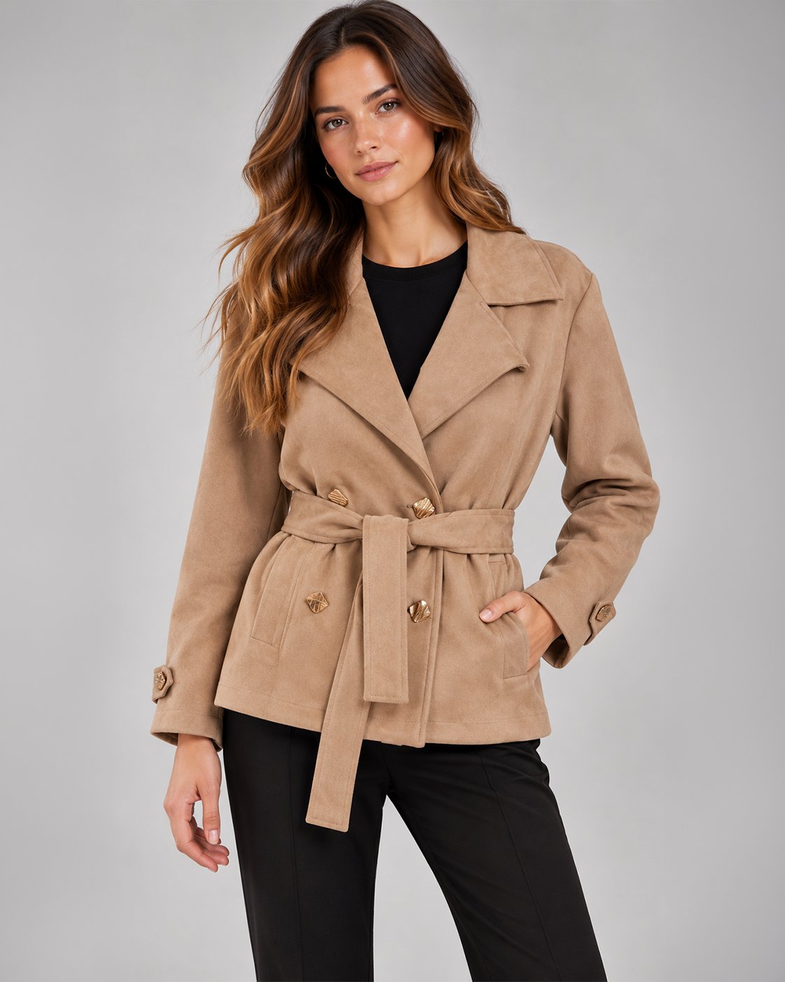 Düğme Detaylı Nubuk Camel Ceket