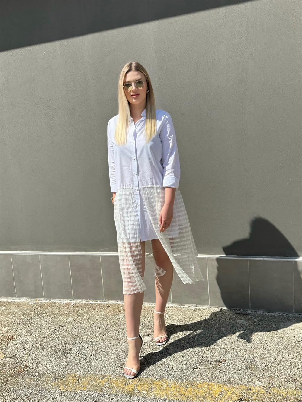 Eteği Piliseli Şifon Beyaz Gömlek Elbise