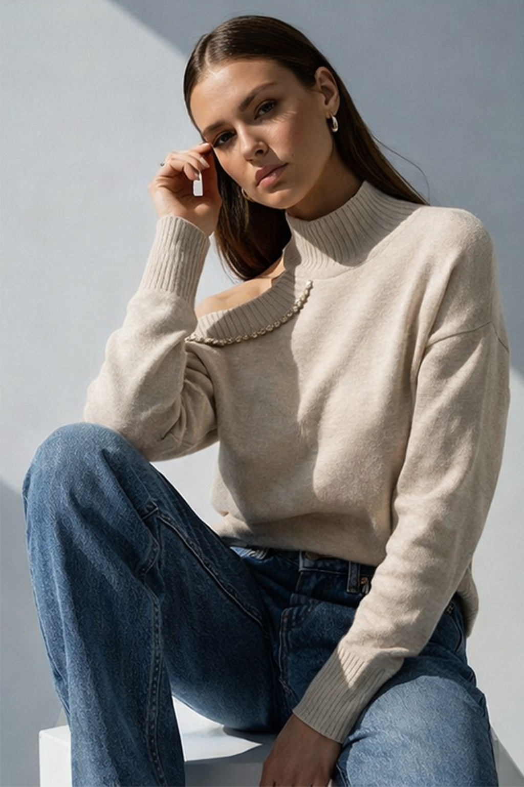 Omuz Dekolteli Triko Kazak Taş