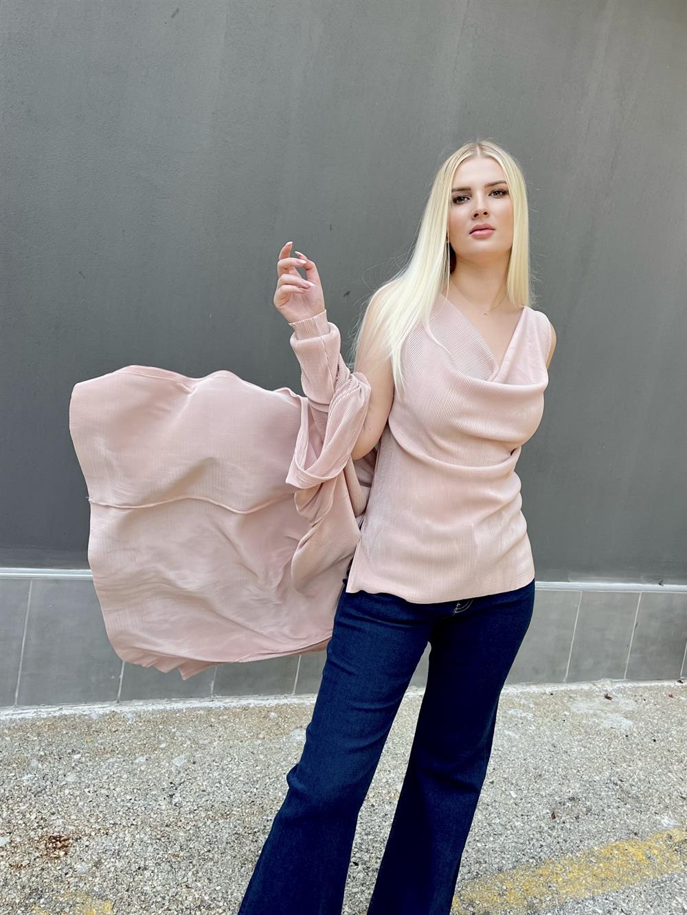 Pudra 2'li Hırka Bluz Takım