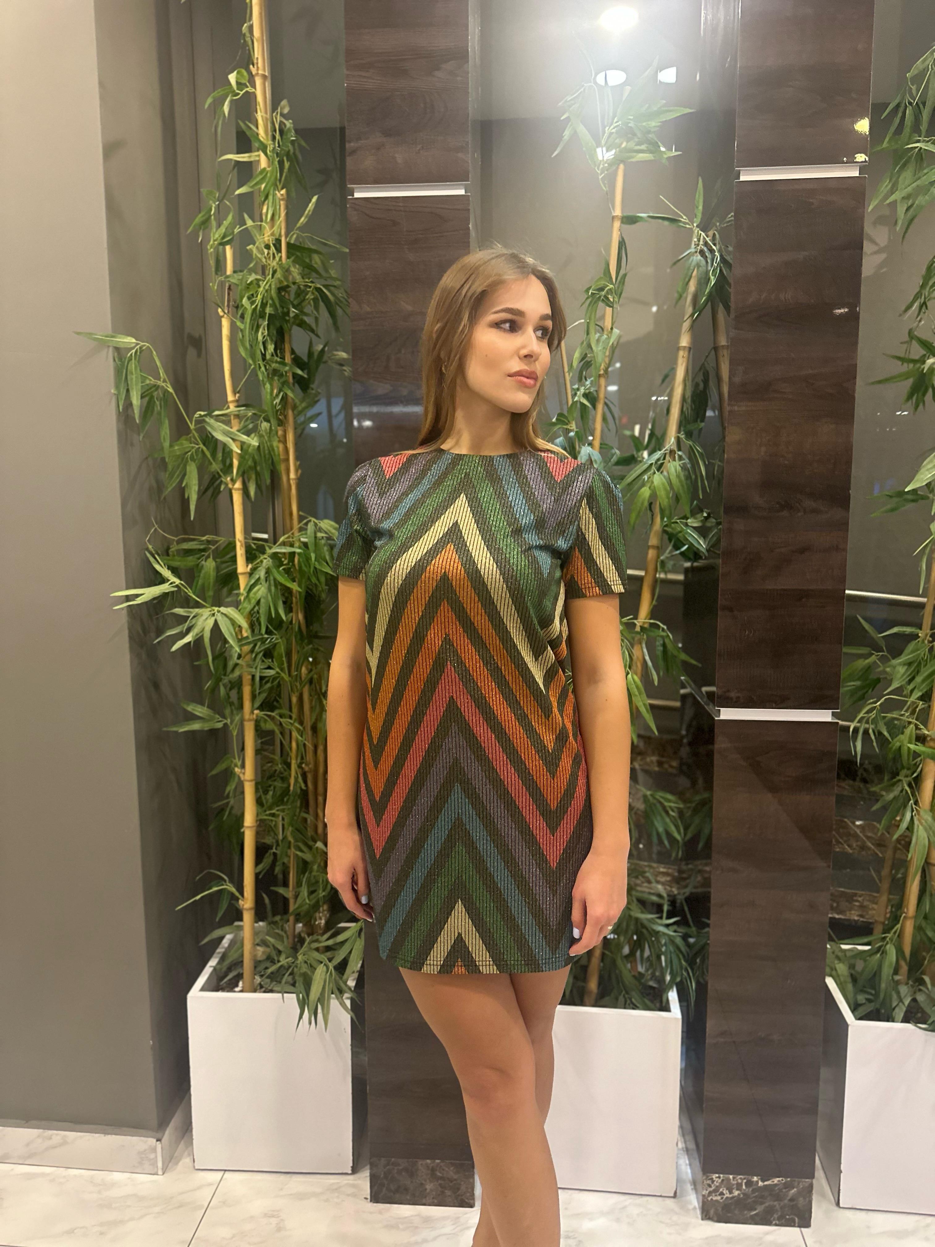 Zigzag Desenli Simli mini Elbise