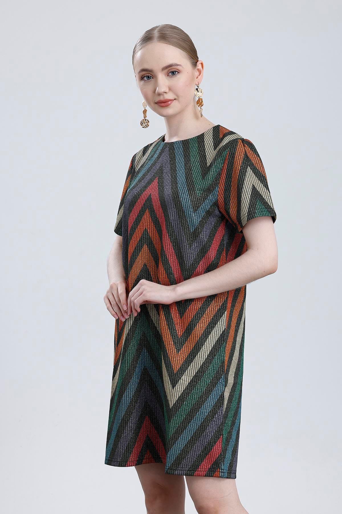 Zigzag Desenli Simli mini Elbise