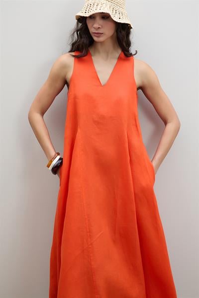 Плиссированное Миди-Платье Из 100% Льна