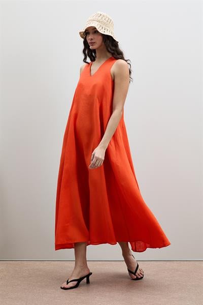 Плиссированное Миди-Платье Из 100% Льна